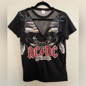 AC/DC Black Mesh Detail V Neck Tee